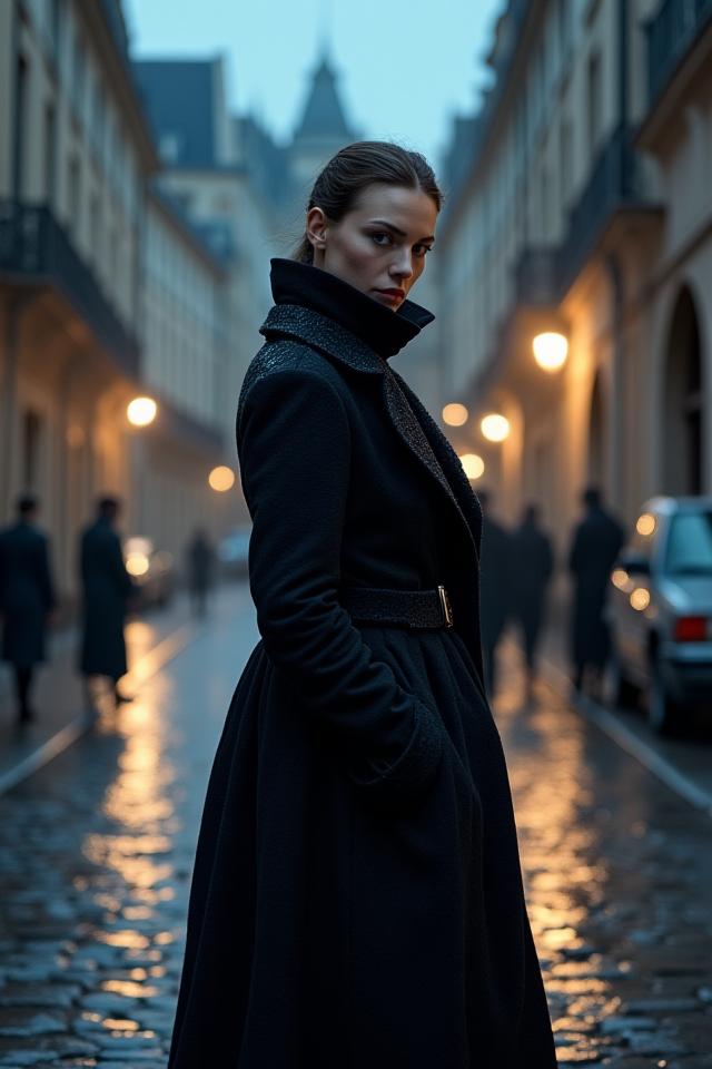 Editorial fashion bilde av modell med sterk fortelling, i en dramatisk, historisk setting.