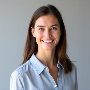 Ung kvinne smiler profesjonelt, ideelt for LinkedIn, nøytral bakgrunn